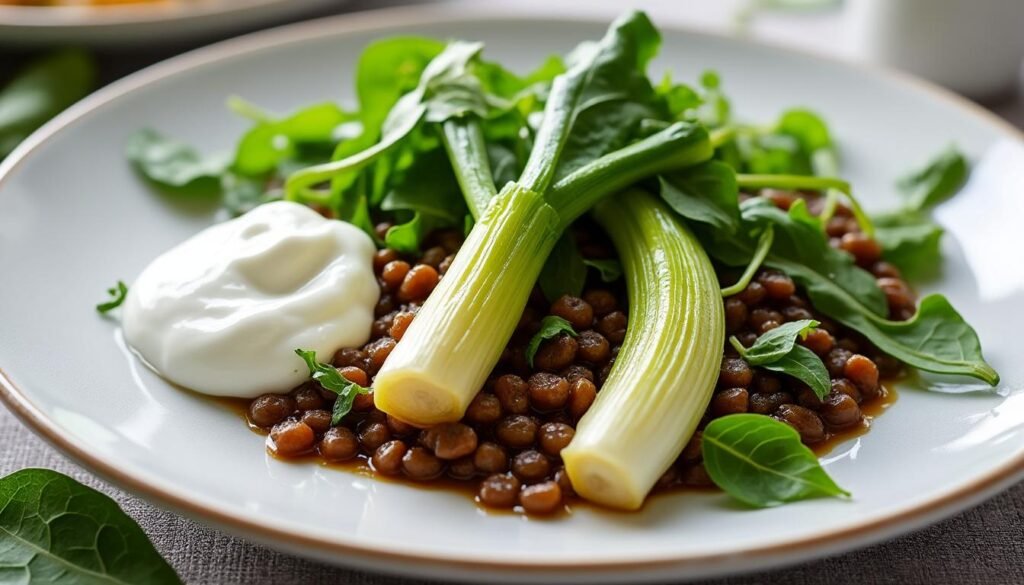 découvrez une recette savoureuse de poireaux braisés et lentilles, accompagnée de roquette fraîche et d'un yaourt onctueux pour un repas sain et équilibré.