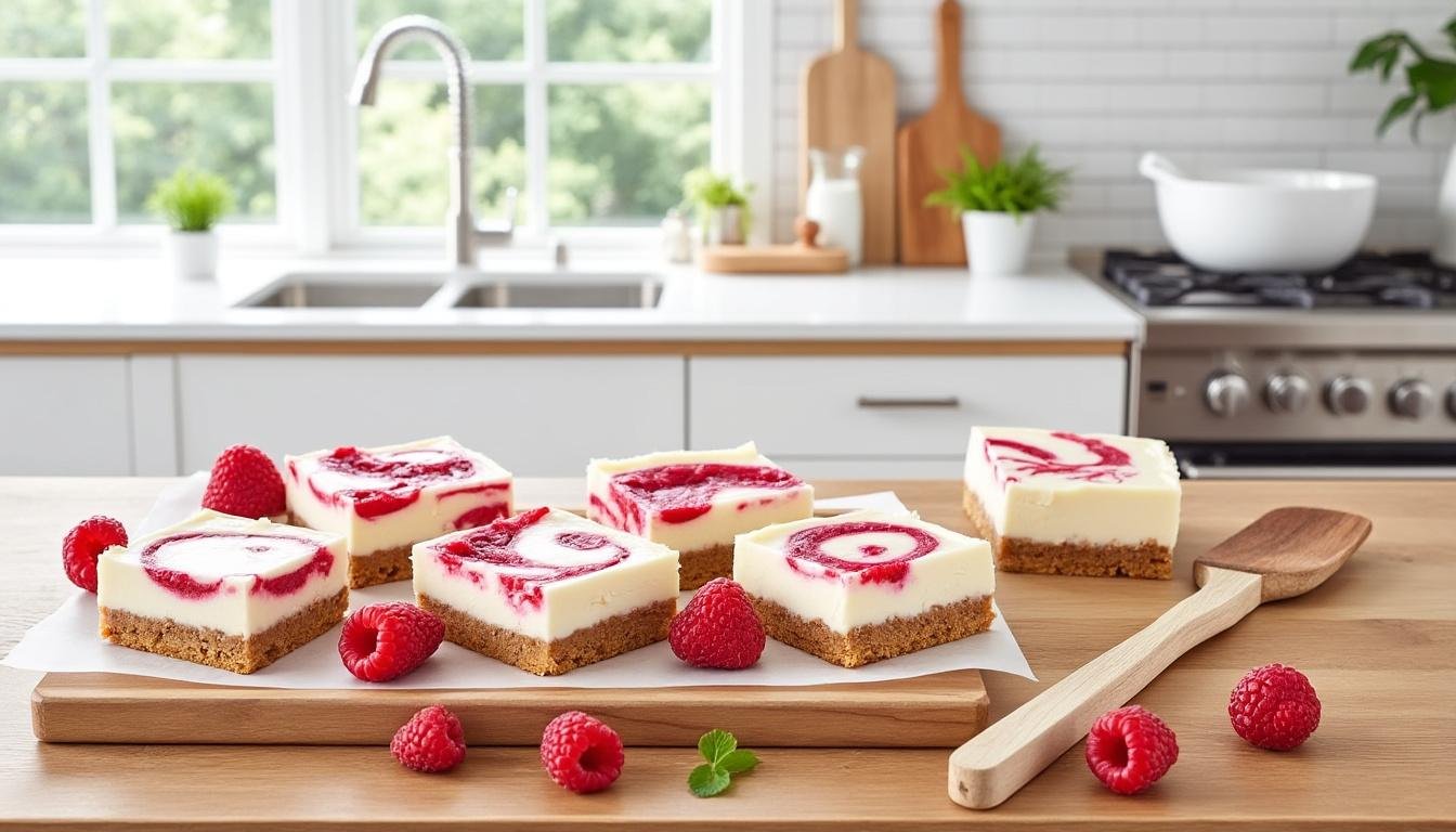 découvrez nos barres de cheesecake marbrées à la framboise, un dessert fruité et gourmand alliant douceur crémeuse et saveurs acidulées pour un plaisir unique.