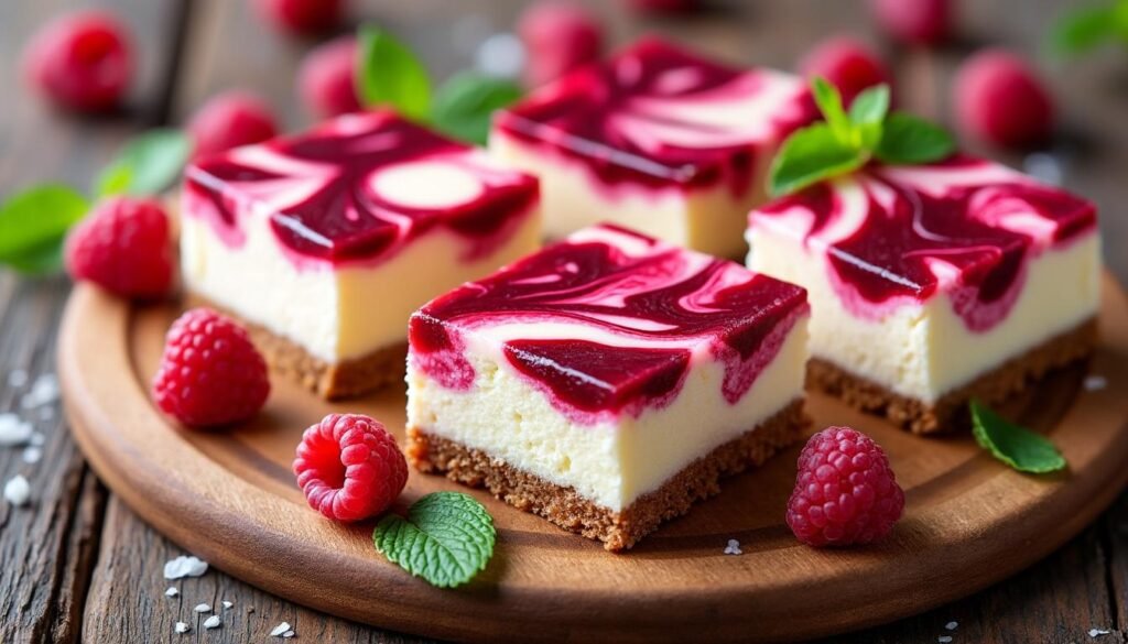 découvrez nos barres de cheesecake marbrées à la framboise, un dessert fruité et gourmand parfait pour toutes les occasions. fondant et savoureux, il ravira les papilles de toute la famille.